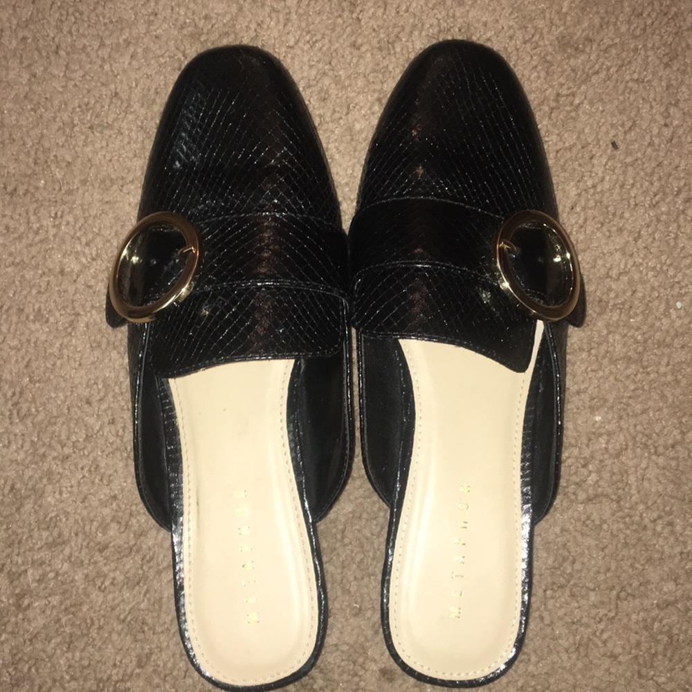 Cute black mules/slip loafers with gold hardware